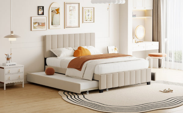 English Elm Queen Tufted Velvet Platform Bed with Storage Drawers and Pull Out Trundle Beige LP000714AAA-1