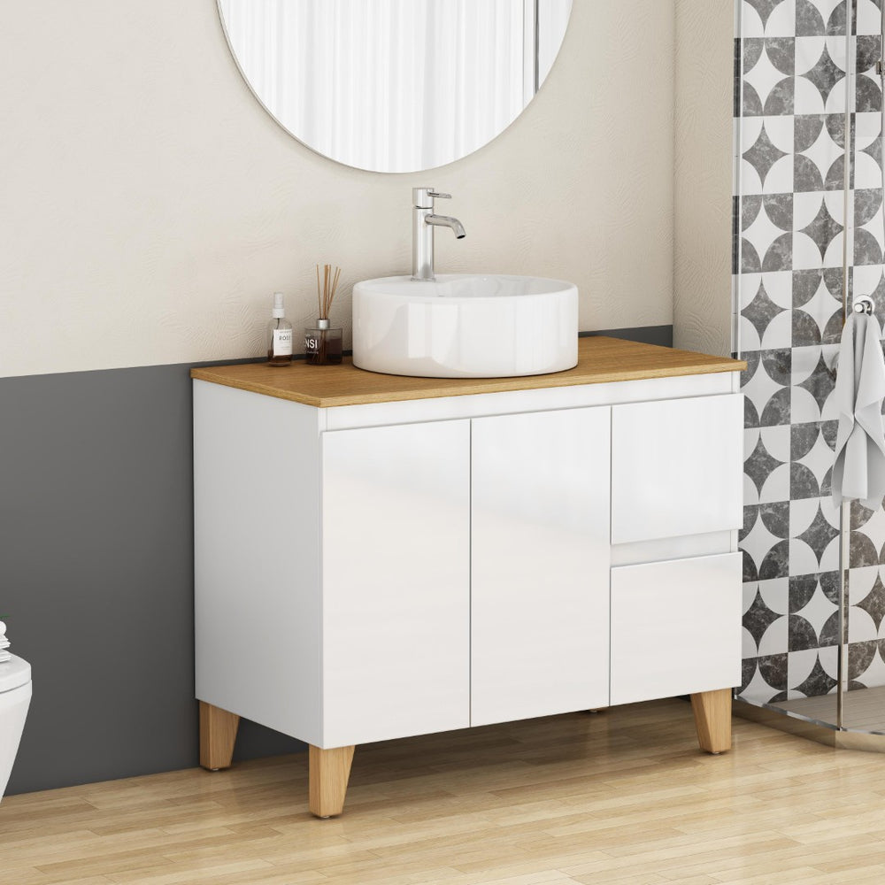 English Elm 36-inch Glossy White Bathroom Vanity with Ceramic Sink Soft Close Drawers Minimalist W3151S00071
