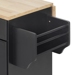 English Elm K&K Vintage Kitchen Island with Rubberwood Top, Hidden Wheels, Pull-Out Trash & Charging Station Black N707P299014B