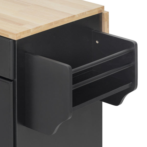 English Elm K&k Rolling Kitchen Island Rubber Wood Top Brass Hardware Built-in Outlets Storage Black N707S299014B
