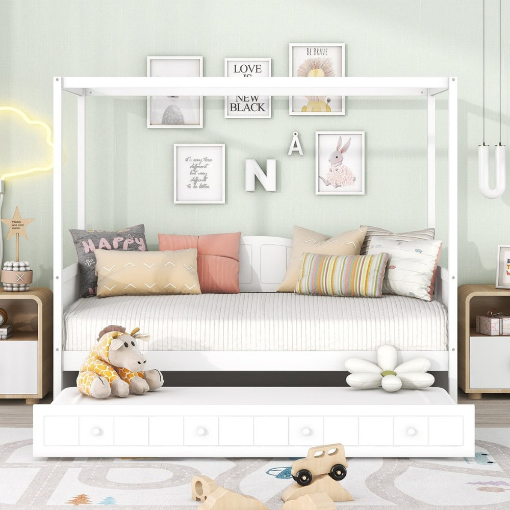 English Elm Twin Canopy Daybed with Pull Out Trundle Pinewood Frame for Kids or Guest Rooms N708P373423K