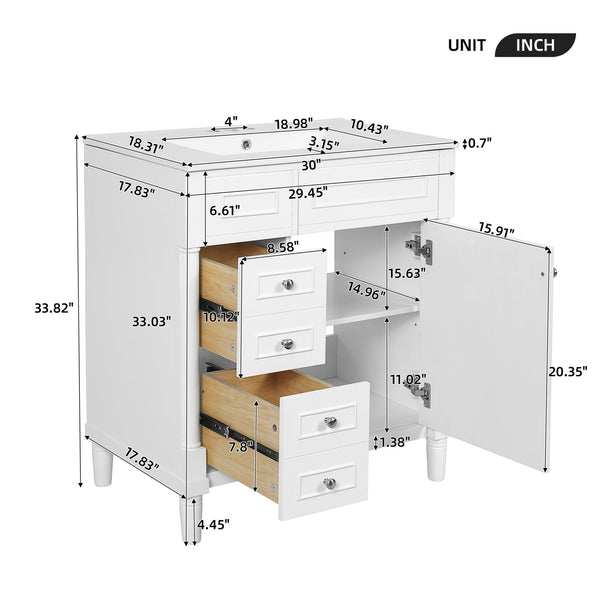 English Elm 30" Bathroom Vanity with Sink — Freestanding Modern Cabinet with Soft-Close Door, 2 Deep Drawers, Durable Basin White N710P288938K