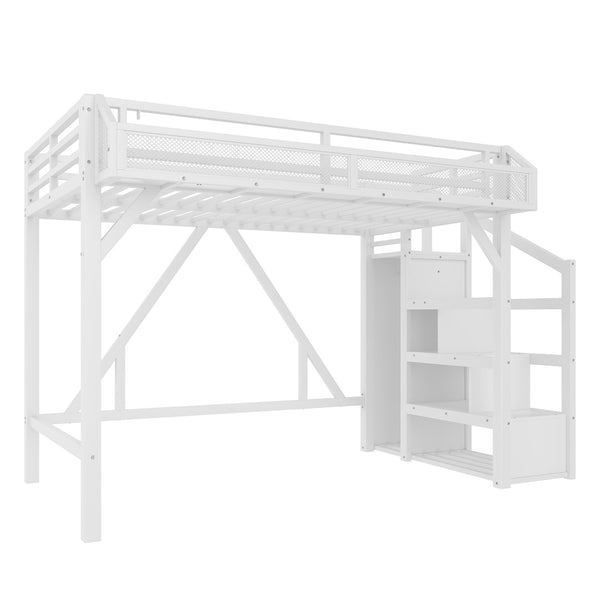 English Elm Full Xl Over Twin Triple Metal Bunk Bed with Storage Stairs and Shelves Black White W1580S00408