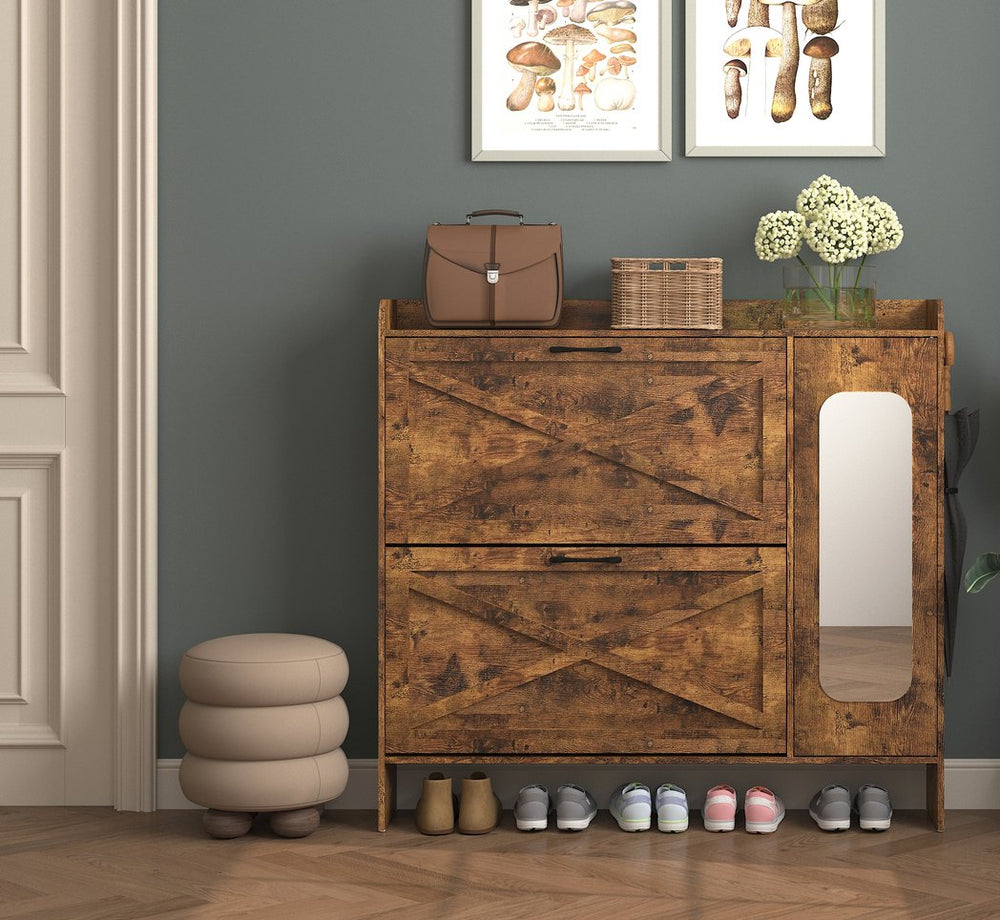 English Elm Shoe Storage Cabinet with Mirror & 2 Flip Drawers, Narrow Freestanding Organizer with Metal Legs for Entryway, Rustic Brown W2129P299615