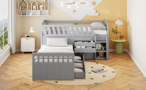 English Elm L-shaped Twin Loft Platform Bed with 7 Drawers Full Guardrails Kids White Pine LT000853AAE