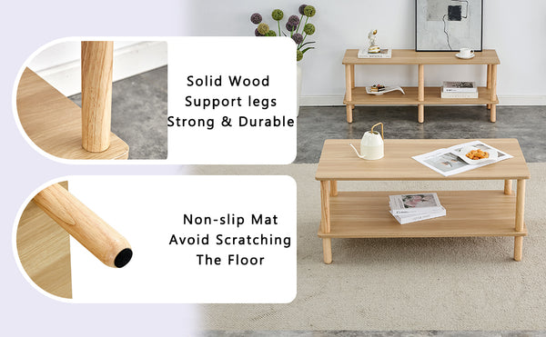 English Elm Modern 2-Tier Coffee Table with Open Shelf, Solid Wood + MDF, Rounded Legs, Durable Farmhouse Style Burly Wood W3226P279107