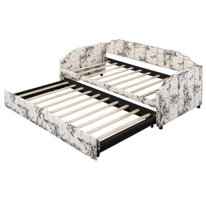English Elm Twin Linen Upholstered Daybed with Pop up Trundle and Built in Usb Charging White Tossed Botanical SF000199AAZ