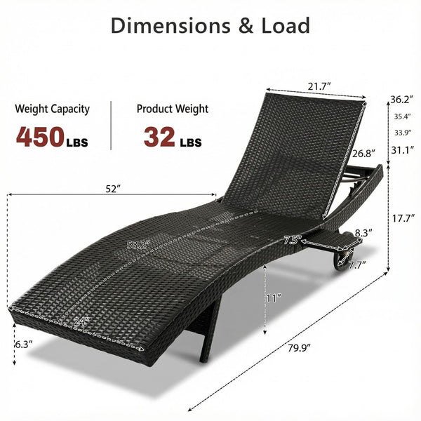 English Elm K&k Outdoor Wicker Reclining Chaise Set 2 Piece with Pull Out Tray Rolling Wheels Black+Brown N707P395515D