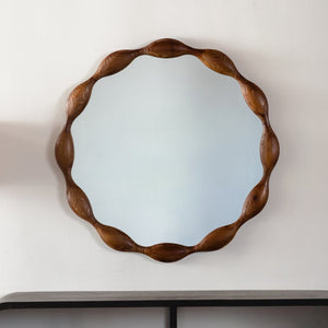 English Elm 32.28" Solid Walnut Wavy Frame Round Mirror Organic Silhouette for Entryway or Living Room W3158P390658