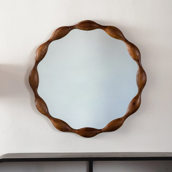 English Elm 32.28" Solid Walnut Wavy Frame Round Mirror Organic Silhouette for Entryway or Living Room W3158P390658