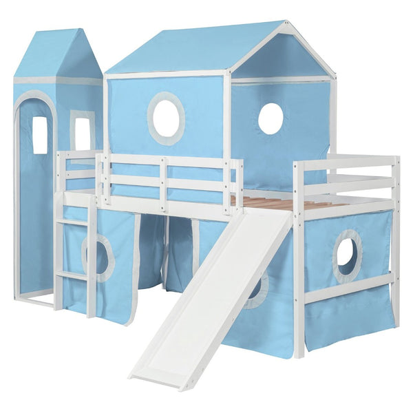 English Elm Twin Castle Loft Bed with Slide Tent and Tower Pinewood Playhouse Frame for Kids N708P249475C