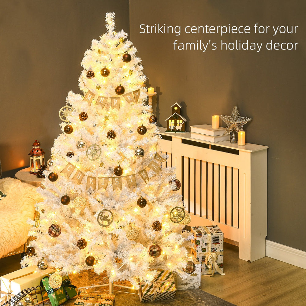 English Elm HOMCOM 6ft Prelit White Artificial Christmas Tree with 638-859 Branches, 220-250 Warm White LEDs, Auto-Open, Flame-Retardant Décor W2225P217081