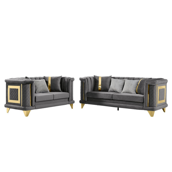 English Elm 2pcs Velvet Tufted Sofa Set with Gold Steel Trim Victorian Glam Living Room W1191S00105