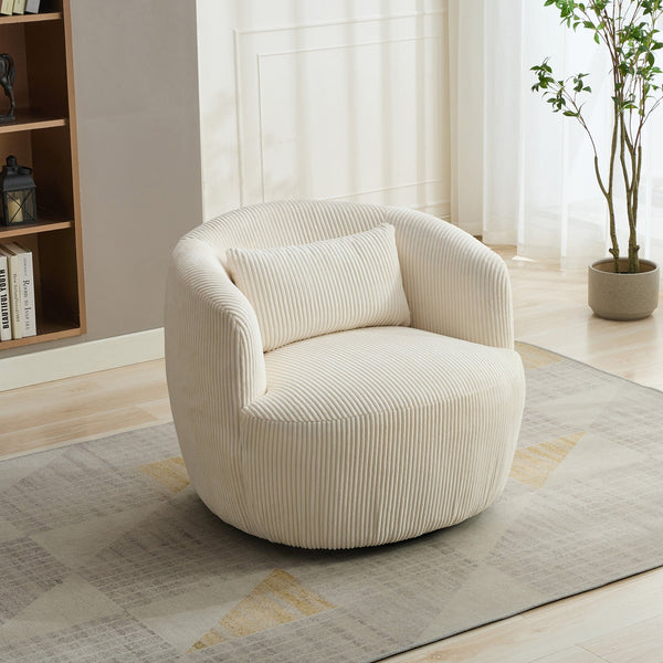 English Elm 34.25 Swivel Barrel Chair Upholstered in Plush Corduroy with Pillow, 360° Rotating Reading Accent Seat Ivory W3118P253970