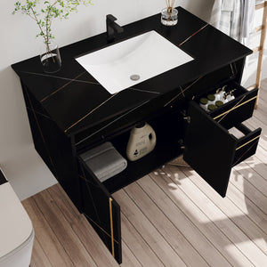 English Elm 35.4 Modern Floating Bathroom Vanity with Faux Marble Sink Top, 2 Soft-Close Drawers, Black Finish W3136S00005