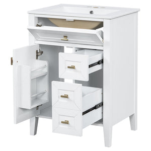 English Elm "24'' 24 Inch Glossy Freestanding Bathroom Vanity with Gold Hardware and Soft Close Storage White Rubberwood N725P448529K