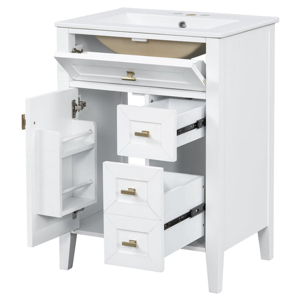 English Elm "24'' 24 Inch Glossy Freestanding Bathroom Vanity with Gold Hardware and Soft Close Storage White Rubberwood N725P448529K