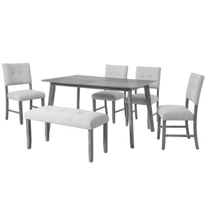 English Elm 6 Piece Dining Set with Rectangular Solid Wood Table, Upholstered Chairs & Bench, Rustic Charm, Easy Assembly, Seats 6 Gray N752S000015E