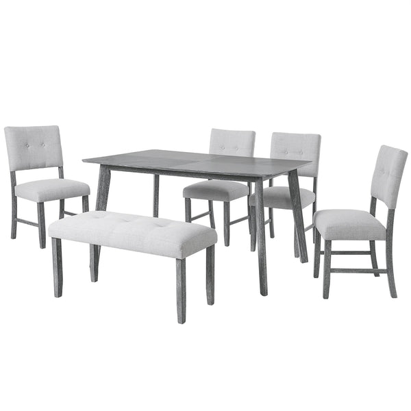 English Elm 6 Piece Dining Set with Rectangular Solid Wood Table, Upholstered Chairs & Bench, Rustic Charm, Easy Assembly, Seats 6 Gray N752S000015E