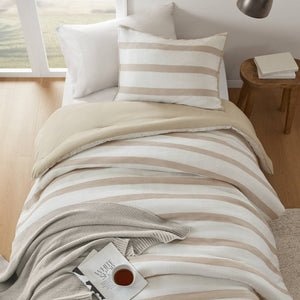 English Elm 2-piece Yarn-dyed Striped Polyester Comforter Set with Seersucker Texture for Year-round Comfort Taupe B035P463215