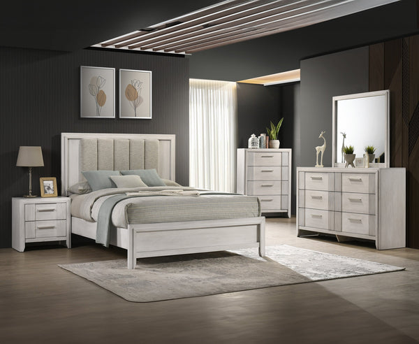 English Elm 1Pc King Size Bed With Plush Upholstered Headboard In Mist White Finish – Modern Elegant Bedroom Centerpiece B2741S00700