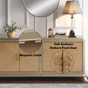 English Elm Dodie Champagne & Natural Oak Sunburst Console Cabinet with Art Deco Hardware, Cord Management B2726P285785