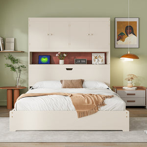English Elm Full Size Wooden Platform Bed With Usb Charging, Storage Headboard & Elegant Drawers In Cream N820S00045K