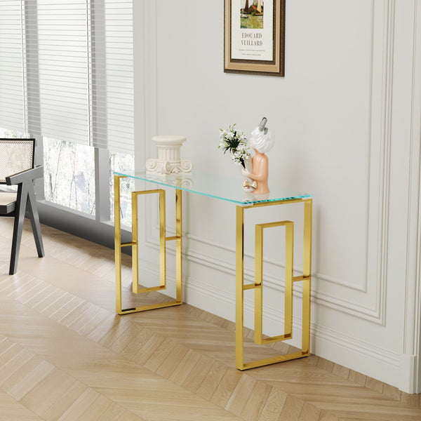 English Elm Console Minimalist Stainless Steel Glass Console Table with Reinforced Top, Sleek Space-Saving Design Golden,Transparent W1727P195276