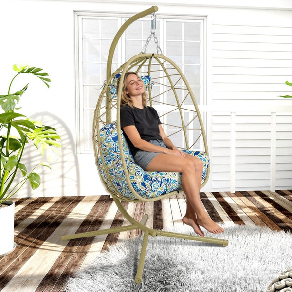 English Elm Hanging Egg Swing Chair Pe Wicker with Stand Washable Cushion Patio Bedroom T5880P497575