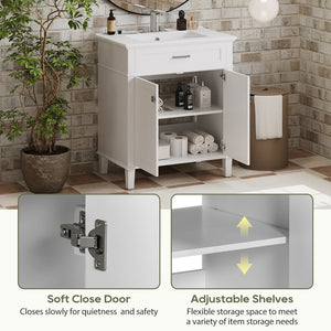 English Elm 30-inch bathroom vanity with ceramic basin, solid wood frame, soft-close doors and adjustable shelves for organized style and lasting durability White N729P173380K