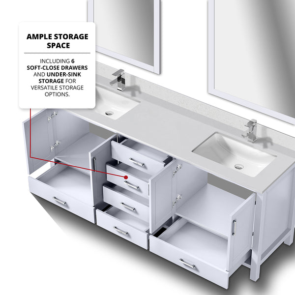 English Elm White Double Bath Vanity 80 in. W x 22 in. D with White Quartz Top, Chrome Faucets, 30" Mirrors, Durable Finish B2731S01055