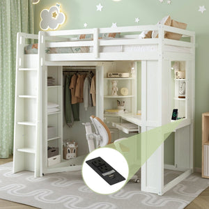 English Elm Twin Loft Bed with Wardrobe Desk Charging Station and Spotlights for Small Rooms Beige White LT000450AAK