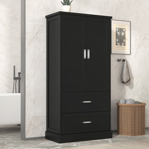 English Elm Tall Bathroom Storage Cabinet with Adjustable Shelves, Two Doors & Drawers, Space-Saving 66" Tall Black N725P178675B