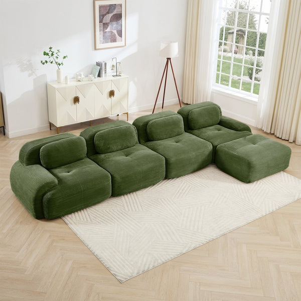 English Elm 4-seat Modular Corduroy Sectional Sofa with Curved Armrests for Living Rooms Olive Green W714S01262