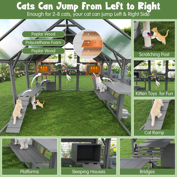 English Elm Large Walk-in Pine Wood Catio Enclosure with Platforms Resting Boxes and Planter Grey N704G201619E