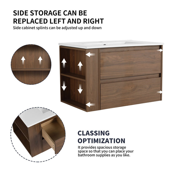 English Elm 30" Wall Mount Bathroom Vanity With Ceramic Sink & Soft-Close Drawers For Modern Storage Solutions W999S00207