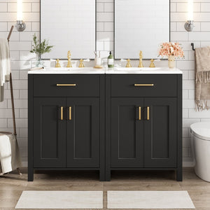 English Elm Modern 48 Inch Freestanding Bathroom Vanity Dual Ceramic Sinks Soft Close Gold Handles Black N729P000008B