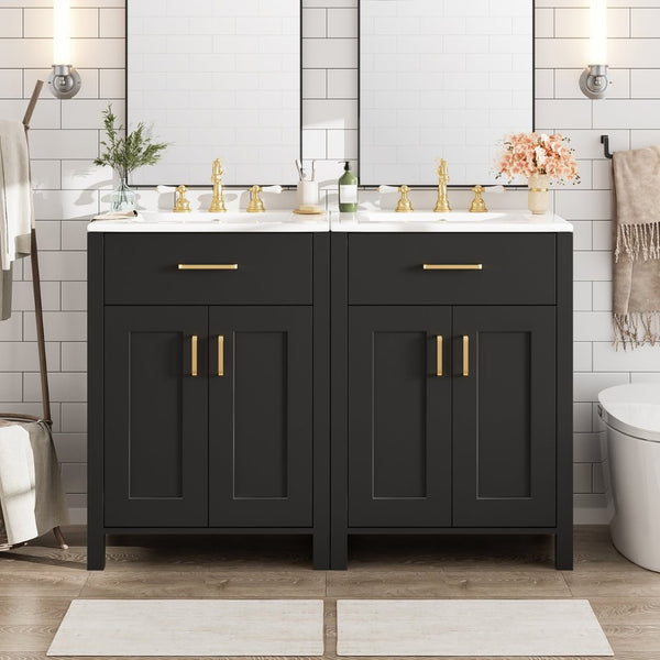 English Elm Modern 48 Inch Freestanding Bathroom Vanity Dual Ceramic Sinks Soft Close Gold Handles Black N729P000008B
