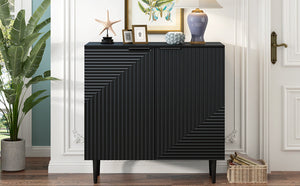 English Elm Mirod Lacquered Side Cabinet Geometric Door Panels Metal Legs Adjustable Interior Shelves Black N760P221050B