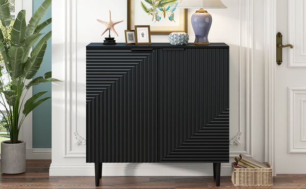 English Elm Mirod Lacquered Side Cabinet Geometric Door Panels Metal Legs Adjustable Interior Shelves Black N760P221050B