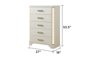 English Elm Jasmine 5-Drawer Chest with Built-In Side LED Lighting, Gold Accents, Solid & Manufactured Wood Elegance 659436285736