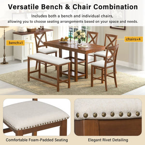 English Elm U_style Rubberwood Farmhouse Bar Table Set Expandable Crossback Chairs Bench Seating Brown WY000534AAD
