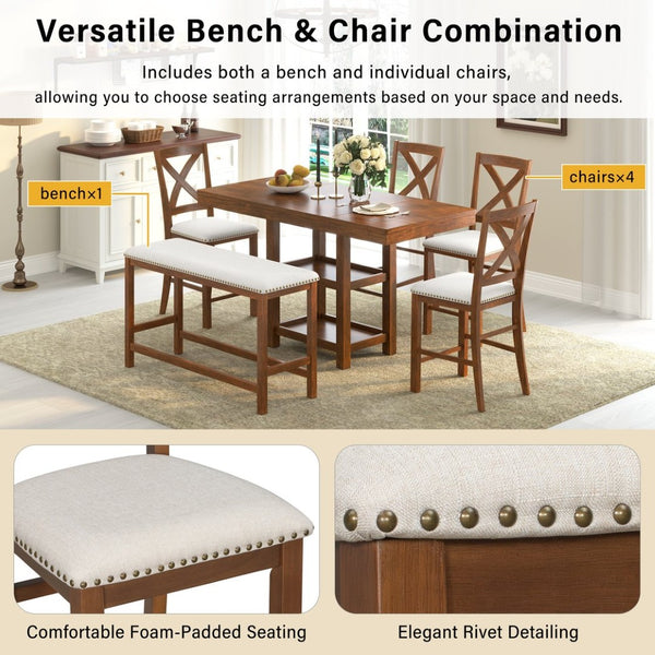 English Elm U_style Rubberwood Farmhouse Bar Table Set Expandable Crossback Chairs Bench Seating Brown WY000534AAD
