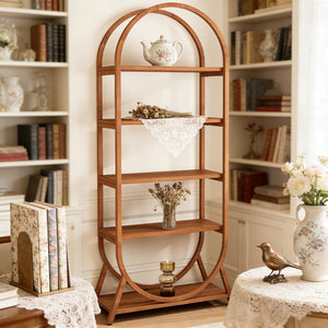 English Elm Versatile Arched Five Tier Bookcase Warm Brown Metal Frame Open Shelving for Small Spaces T3971P458354