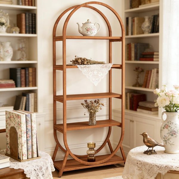 English Elm Versatile Arched Five Tier Bookcase Warm Brown Metal Frame Open Shelving for Small Spaces T3971P458354
