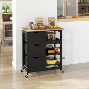 English Elm HOMCOM Rolling Kitchen Island Cart with Butcher Block Top, 3 Drawers, Shelves & 360° Wheels (Black) W2225P217389
