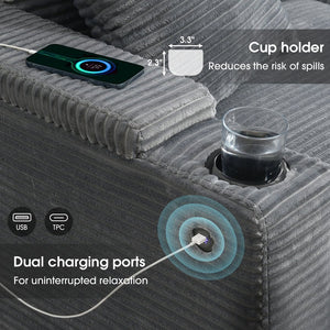 English Elm 106" Convertible L Shaped Sectional Sofa with Corduroy Upholstery, Armrest Storage, USB Charging Hub, Cup Holders, Modular Comfort for Living Room Gray N723S0187E