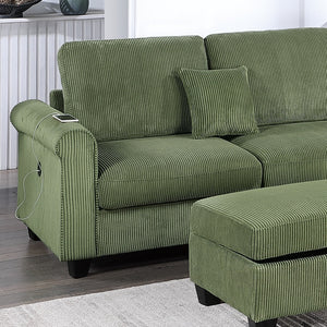 English Elm Gorgeous Sage Corduroy 3pc Sectional with USB LAF Sofa RAF Chaise & Storage Ottoman, Modern Comfort B011S01242
