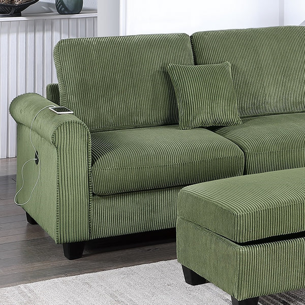 English Elm Gorgeous Sage Corduroy 3pc Sectional with USB LAF Sofa RAF Chaise & Storage Ottoman, Modern Comfort B011S01242
