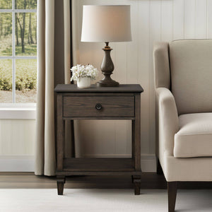 English Elm Victoria Aged Oak Nightstand with Solid Wood Legs, Wire-Brushed Veneer, Drawer & Open Shelf Brown 27 L x 22.75 W x 27.63 H B035P341164